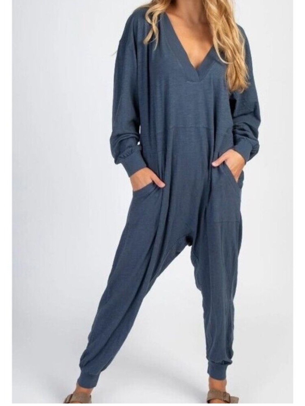 Natural Life Charlie V-Neck Jumpsuit Slate Blue Pockets Loungewear Summer-Large